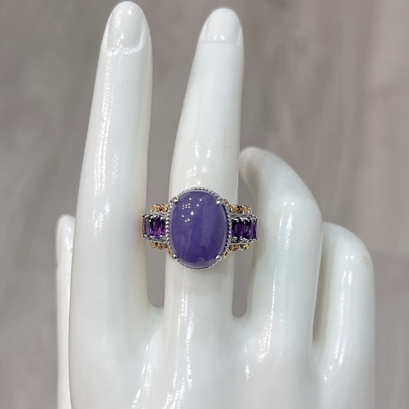 Burmese Purple Jade Amethyst 14K YG Sterling Silver Statement Ring - Picture 2 of 11